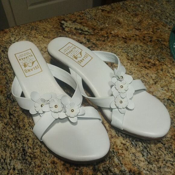 Island Slipper Women's White Leather Flower Slide Wedge Size 11 Sandals - Picture 2 of 11